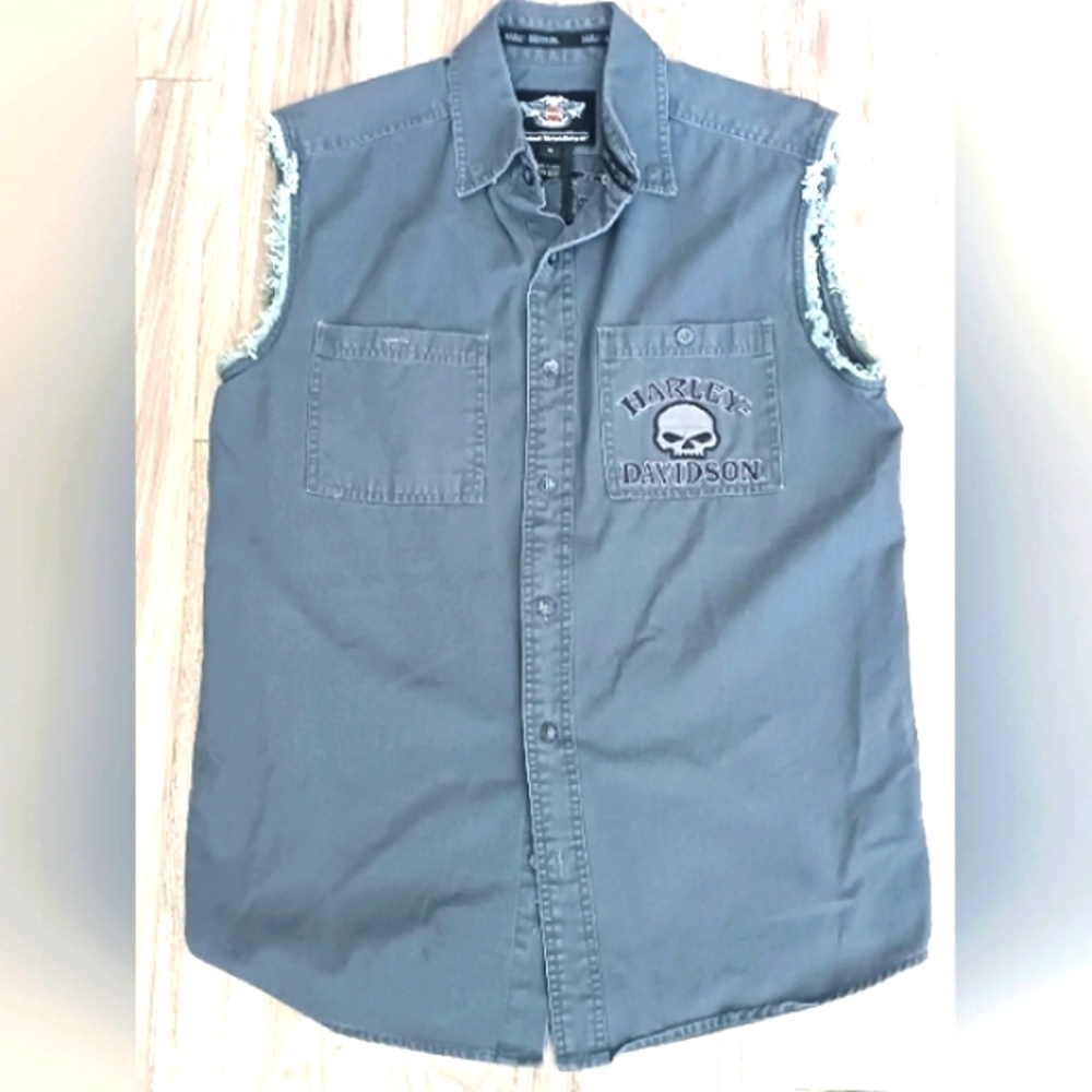 Harley Davidson Motorcycle Clothes Cut Off Sleeveless Button Up Shirt M
